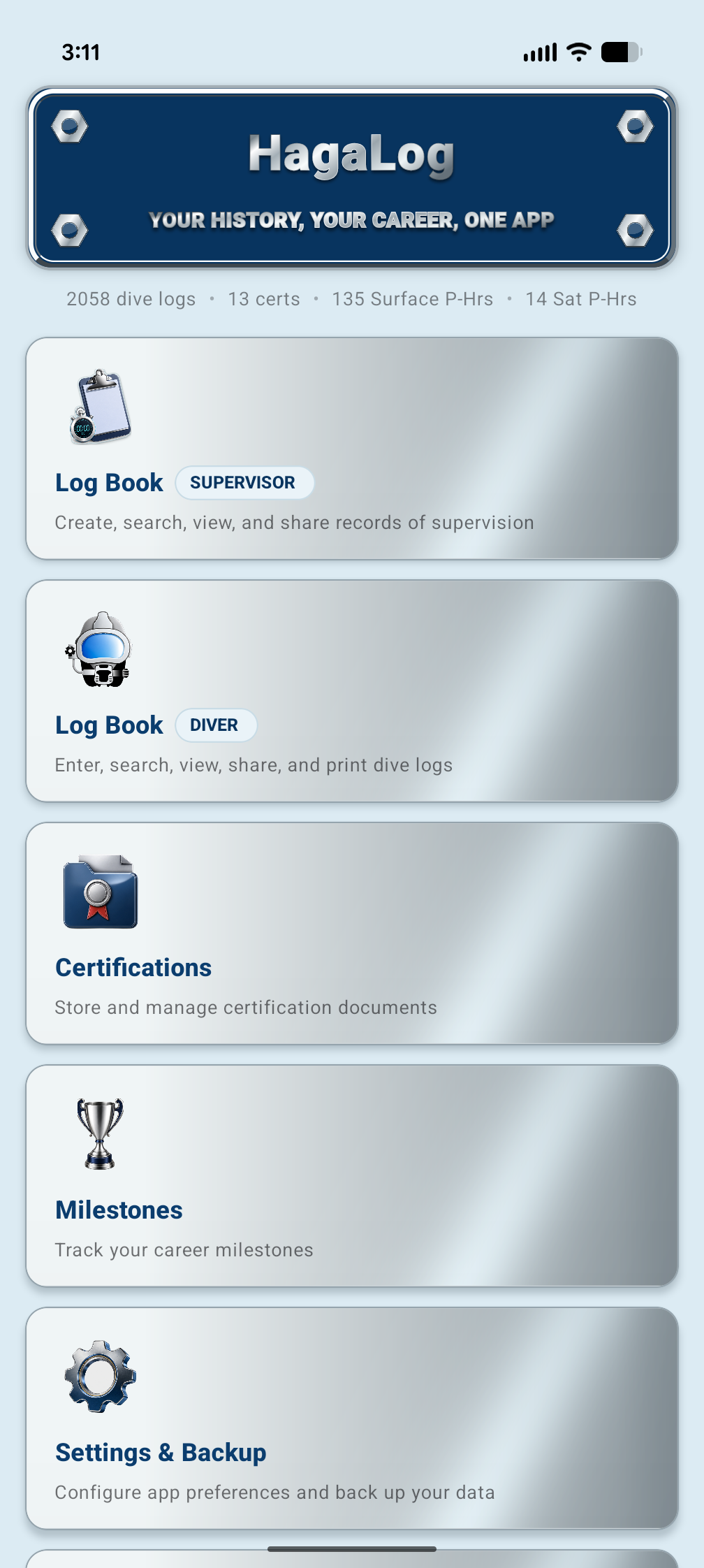 HagaLog home screen showing Log Book, Certifications, Milestones, Settings, and Backup modules