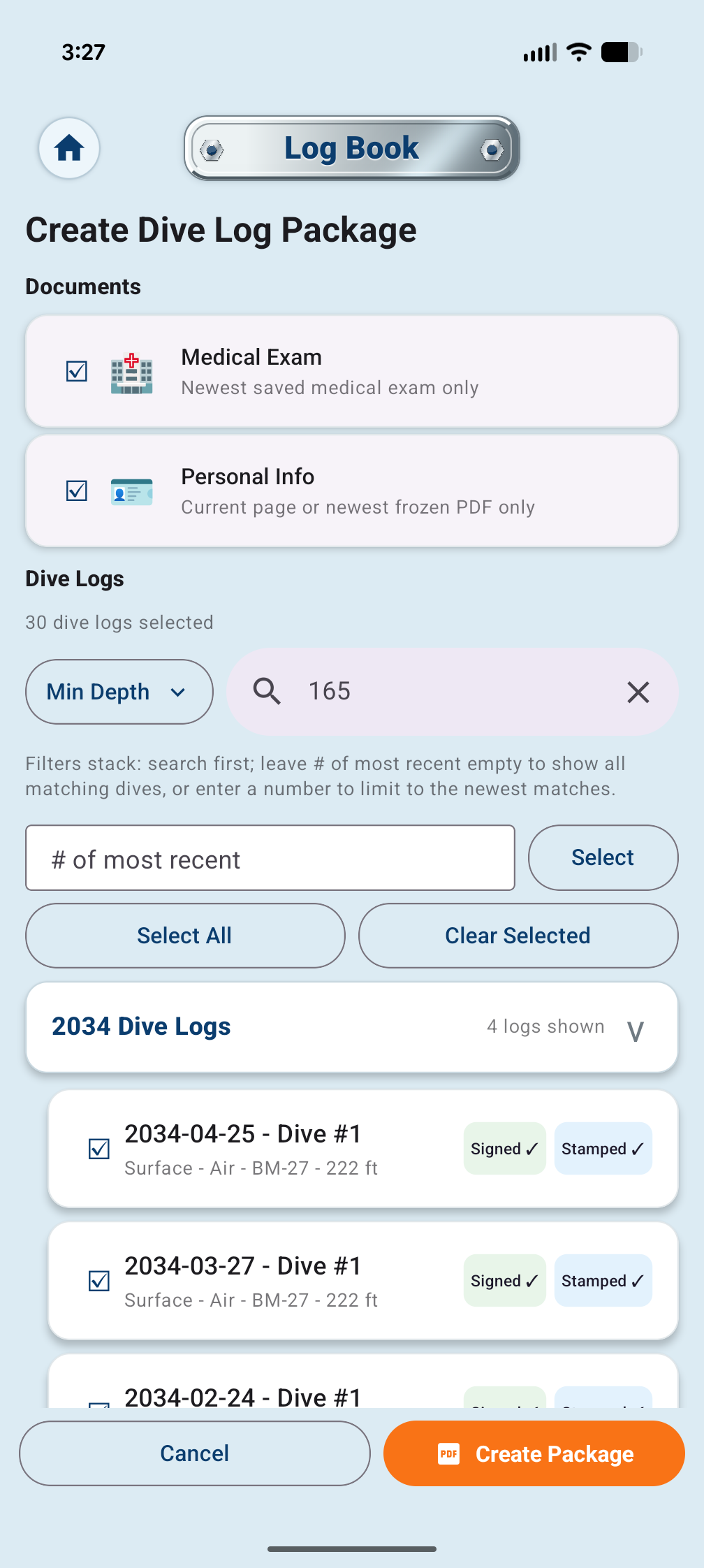 HagaLog create dive log package screen
